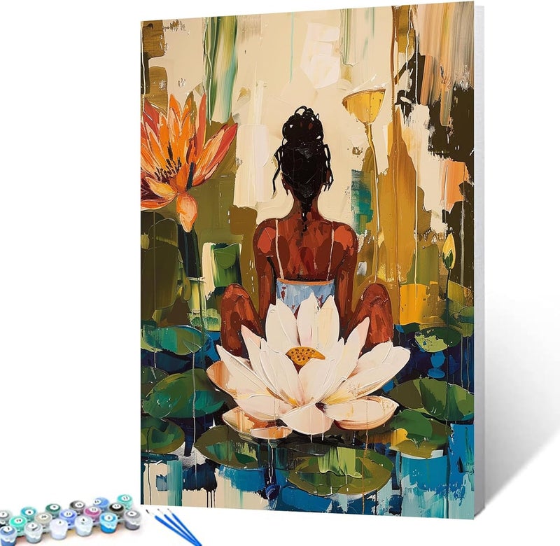 Tucocoo Yoga WomenLady Paint by Number Kits for Kids and Adults Beginner Africa Black Women in Garden Acrylic Digital Pitures Tropical Lotus Flowers Paintwork Nordics Home Decor Boho Gift16W x 20H - Image 1