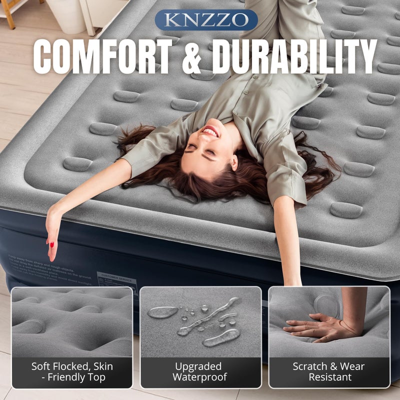 KNZZO Queen Air Mattress with Built-in Pump, 18" Top Inflatable Mattress with Waterproof Flocking Fabric, Three-Minute Quick-Inflatable Bed. Portable Blow Up Mattress for Home, Outdoor and Guests - Image 4