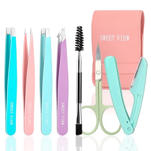 SWEET VIEW 7pcs Eyebrow Tweezers Kit for Women Precision Plucker with Brow Scissors & Razor & Spoolie for Facial, Chin, Brow, Splinter and Ingrown Hair - Image 1