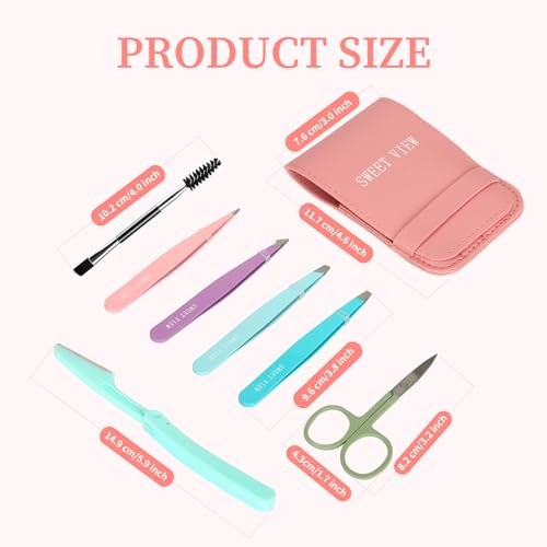 SWEET VIEW 7pcs Eyebrow Tweezers Kit for Women Precision Plucker with Brow Scissors & Razor & Spoolie for Facial, Chin, Brow, Splinter and Ingrown Hair - Image 2