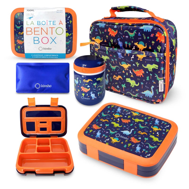 Kinsho Dinosaur Bento Lunch Box for Boys with Thermo Stainless Steel Food Jar for Hot Food Soup, Insulated Dinosaur Lunch Bag and Ice Pack Set, Kids Container Boxes with 4 Compartments, Blue Space Dino - Image 1