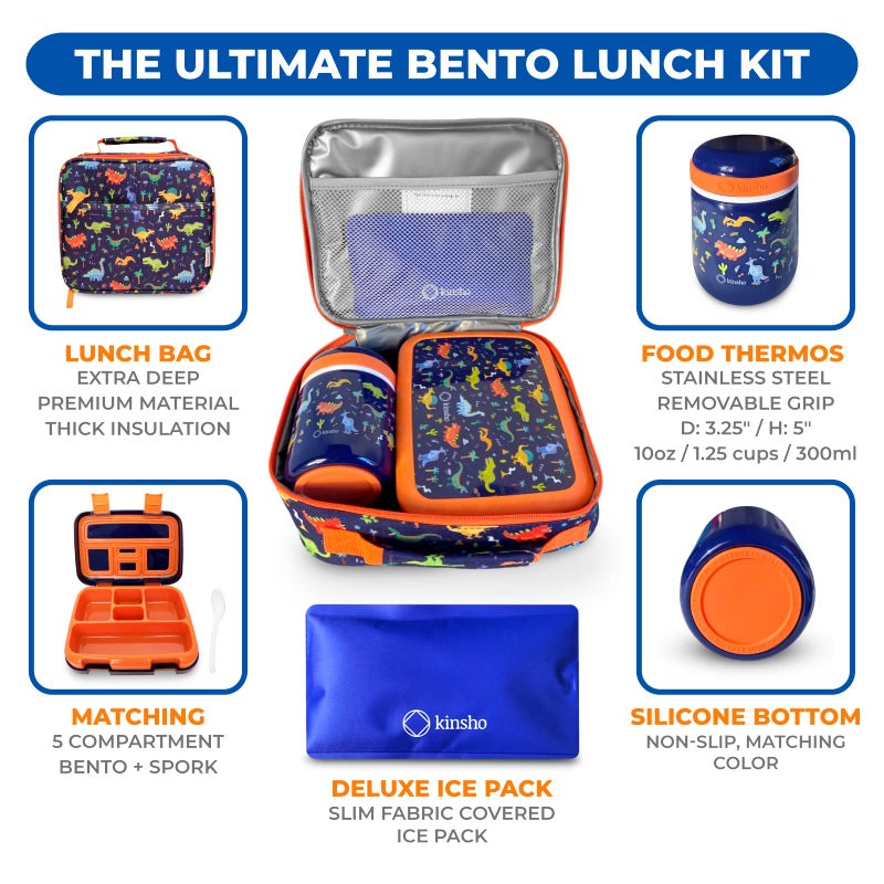 Kinsho Dinosaur Bento Lunch Box for Boys with Thermo Stainless Steel Food Jar for Hot Food Soup, Insulated Dinosaur Lunch Bag and Ice Pack Set, Kids Container Boxes with 4 Compartments, Blue Space Dino - Image 2