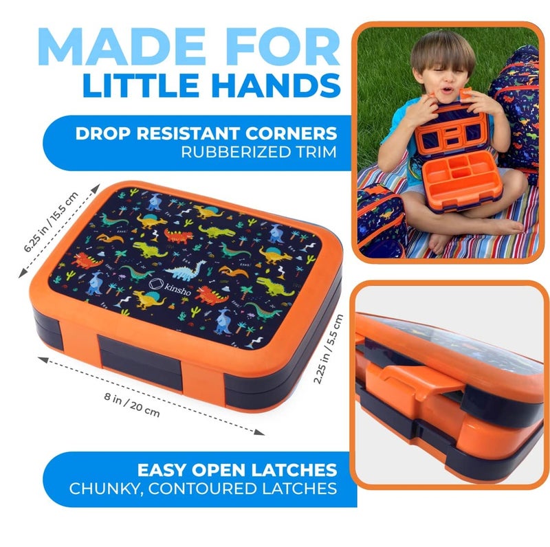 Kinsho Dinosaur Bento Lunch Box for Boys with Thermo Stainless Steel Food Jar for Hot Food Soup, Insulated Dinosaur Lunch Bag and Ice Pack Set, Kids Container Boxes with 4 Compartments, Blue Space Dino - Image 3