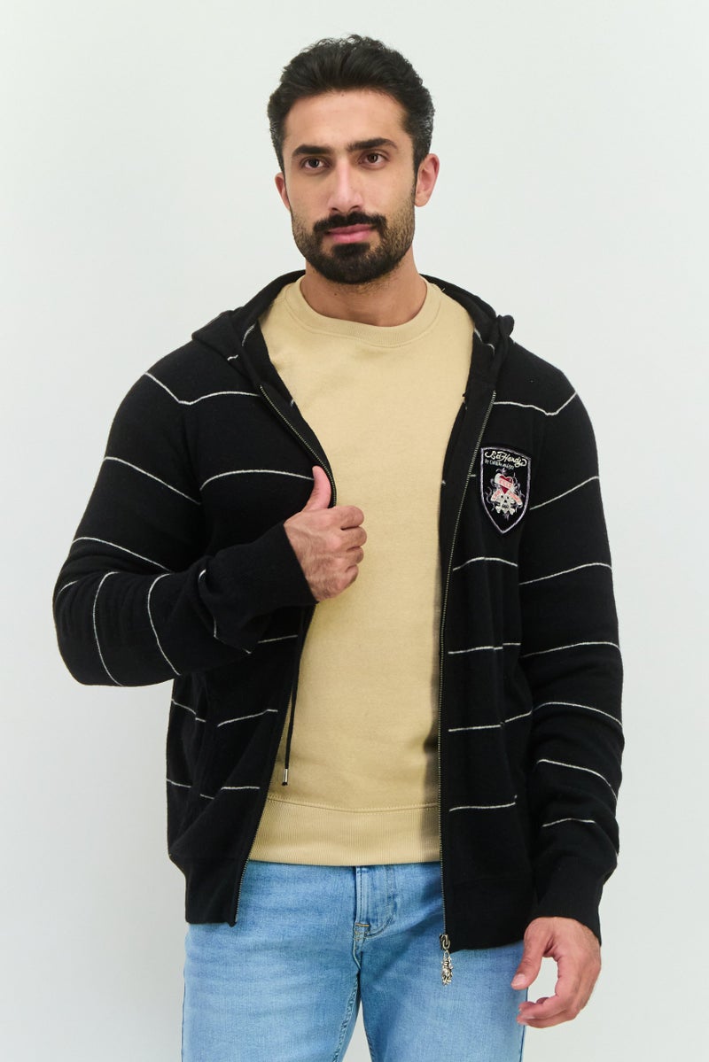 Ed Hardy هودي بأكمام طويلة للرجال بشعار العلامة التجارية، أسود - Image 1