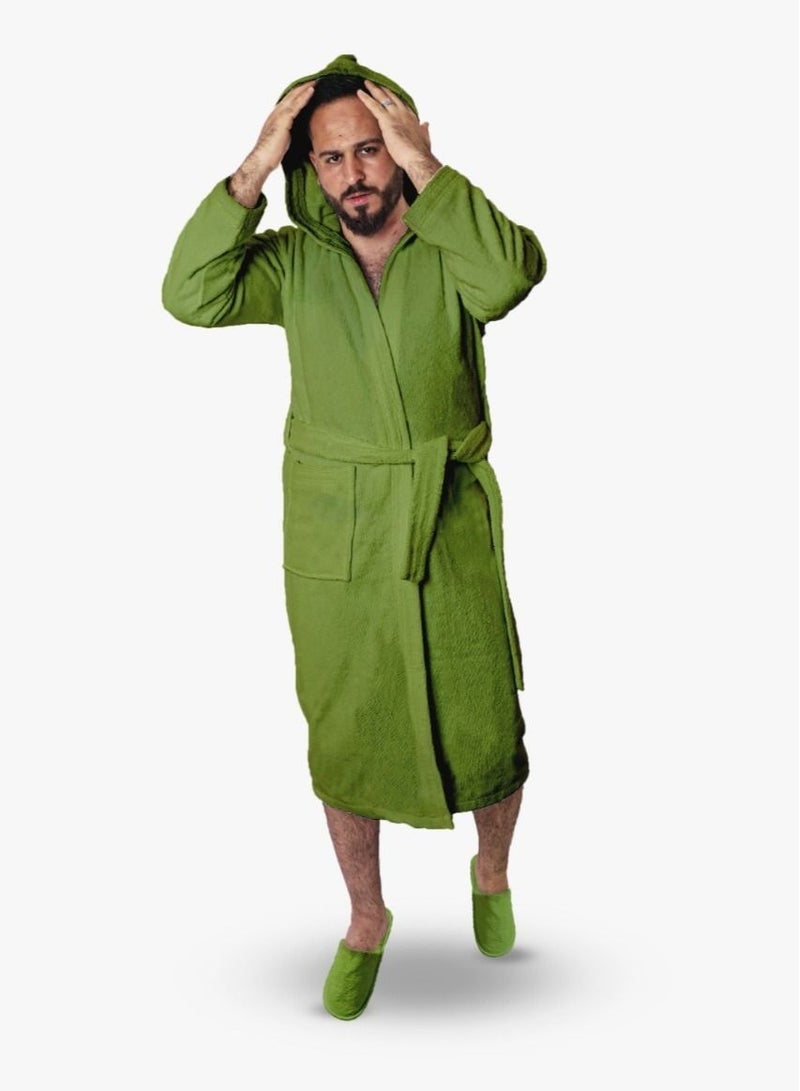 Banotex Men's soft cotton bathrobe with a pocket and a waist belt with a distinctive slipper in an elegant design olive color  multi-size  - Image 1
