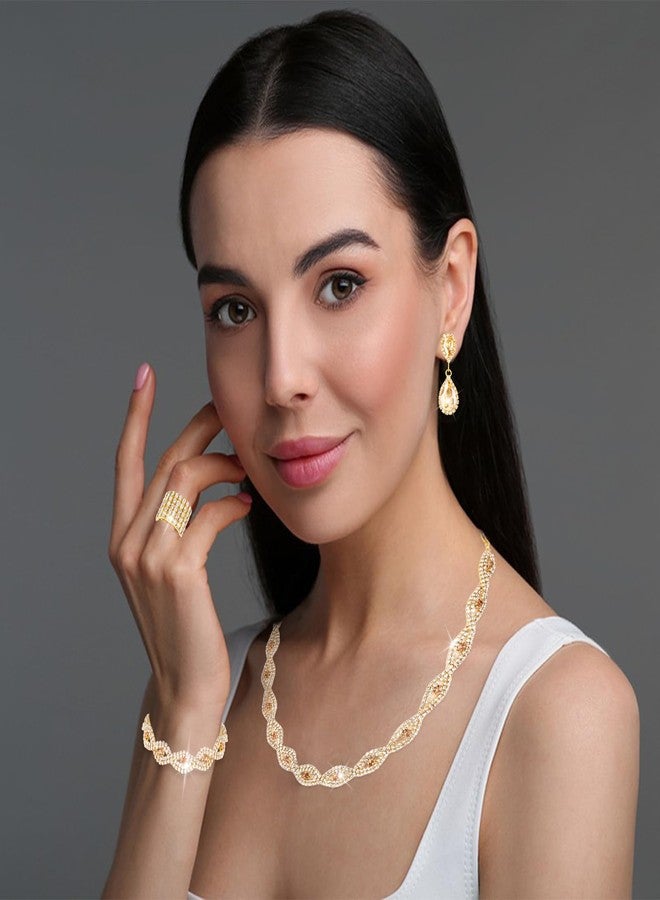 ACO-UINT 5 Pieces Clutch Purse Rhinestone Jewelry Sets for Women Prom Necklace Earrings Bracelet Ring Bling Glitter Purse Formal Jewelry for Women Evening Wear (Color-Gold) - Image 5