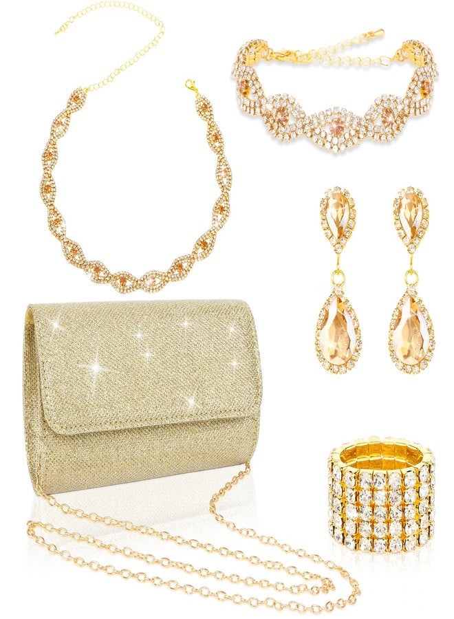 ACO-UINT 5 Pieces Clutch Purse Rhinestone Jewelry Sets for Women Prom Necklace Earrings Bracelet Ring Bling Glitter Purse Formal Jewelry for Women Evening Wear (Color-Gold) - Image 1
