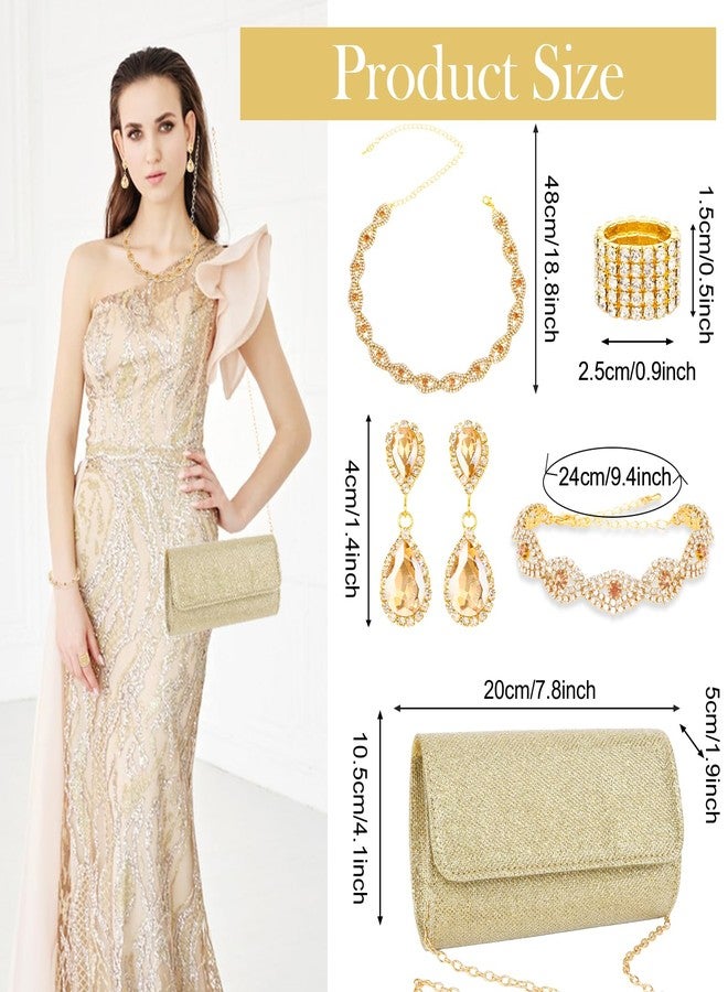 ACO-UINT 5 Pieces Clutch Purse Rhinestone Jewelry Sets for Women Prom Necklace Earrings Bracelet Ring Bling Glitter Purse Formal Jewelry for Women Evening Wear (Color-Gold) - Image 4