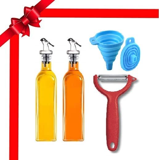 KIDINGTON Glass Olive Oil Vinegar Dispenser Bottle 500 ml 2 pcsHeat Resistant Collapsible Silicone Funnel FoldableStainless Steel Vegetable and Fruit Peeler - Image 1
