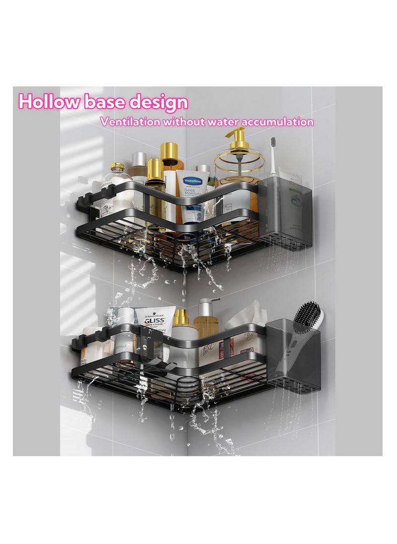 NOVOLAN Corner Shower Caddy, Triangular Storage Rack for Bathroom and Kitchen, No Drill Wall-Mounted Organizer, Features 2 Triangular Shelves, 2 Toothpaste Holders, 1 Razor Holder, 4 Hooks (black)