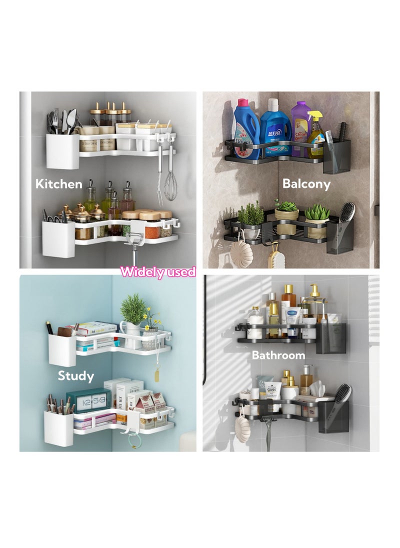 NOVOLAN Corner Shower Caddy, Triangular Storage Rack for Bathroom and Kitchen, No Drill Wall-Mounted Organizer, Features 2 Triangular Shelves, 2 Toothpaste Holders, 1 Razor Holder, 4 Hooks (black)