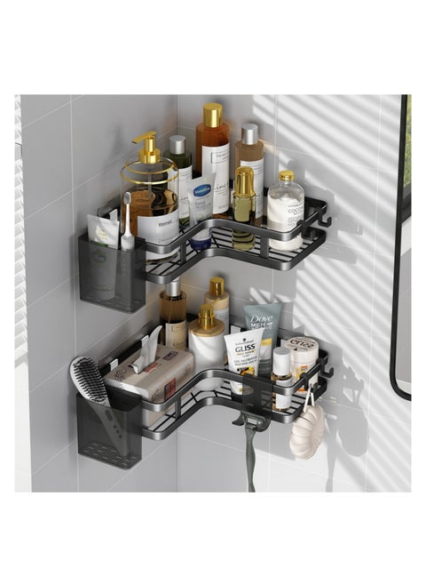 NOVOLAN Corner Shower Caddy, Triangular Storage Rack for Bathroom and Kitchen, No Drill Wall-Mounted Organizer, Features 2 Triangular Shelves, 2 Toothpaste Holders, 1 Razor Holder, 4 Hooks (black)