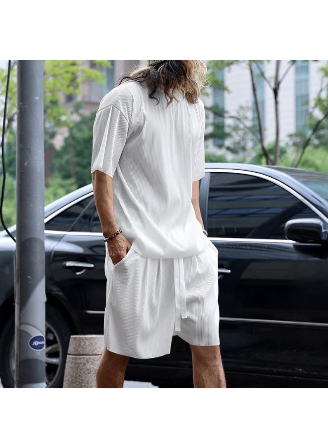 Loose Fit Short Sleeve Summer Menswear Pure Color Casual Set Thin Material Comfortable Breathable Male Model Clothing Set - Image 2