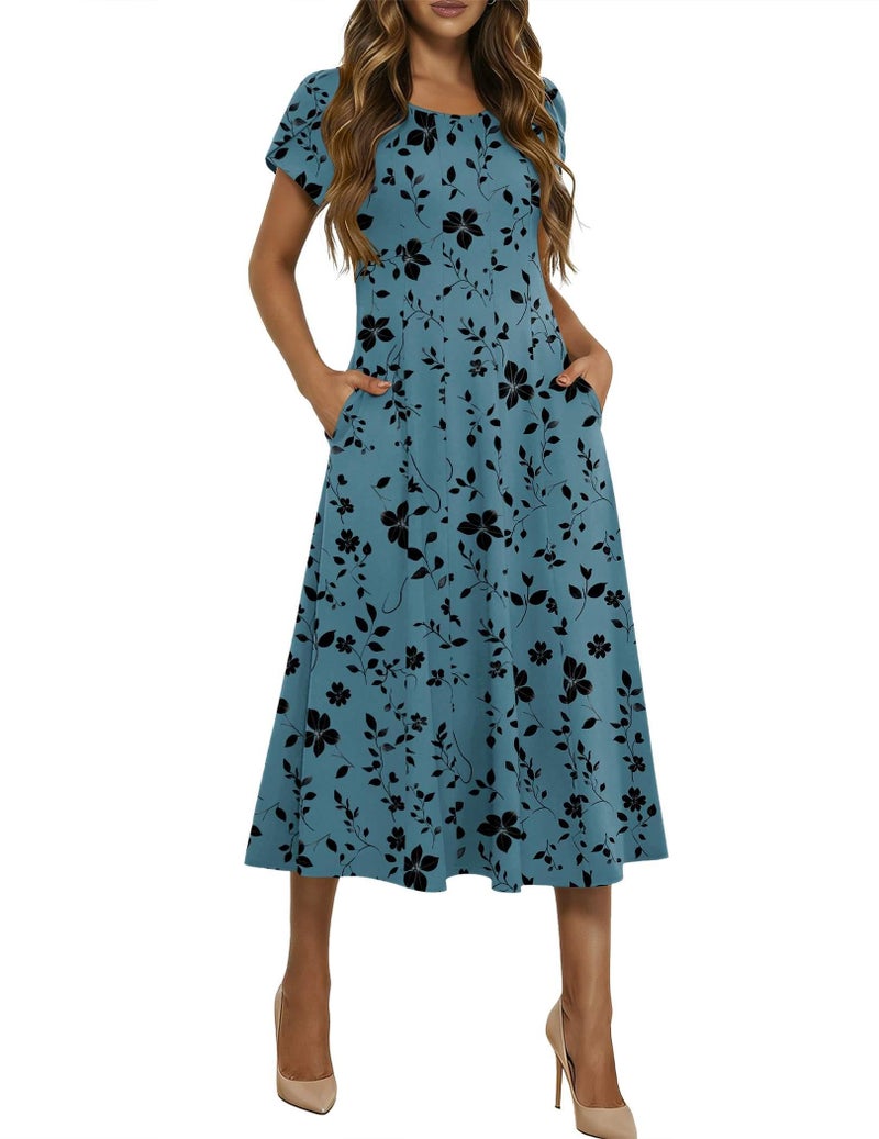 HOTOUCH Womens Short Sleeve Dresses Midi Summer Dress T Shirts Dresses Loose Fit Cotton Sundresses Boho Floral Dress, Blue Green Floral,M - Image 1