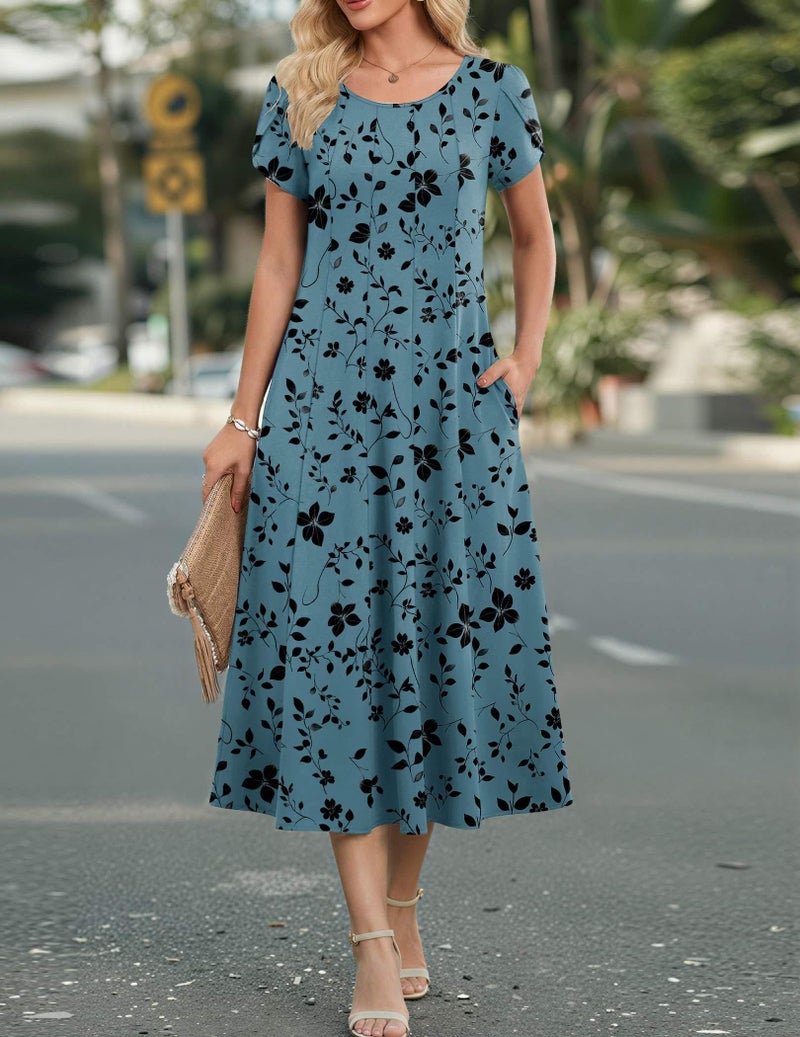HOTOUCH Womens Short Sleeve Dresses Midi Summer Dress T Shirts Dresses Loose Fit Cotton Sundresses Boho Floral Dress, Blue Green Floral,M - Image 2