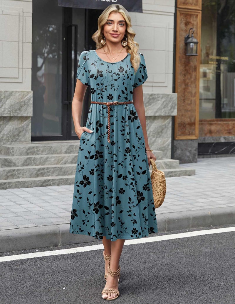 HOTOUCH Womens Short Sleeve Dresses Midi Summer Dress T Shirts Dresses Loose Fit Cotton Sundresses Boho Floral Dress, Blue Green Floral,M - Image 3