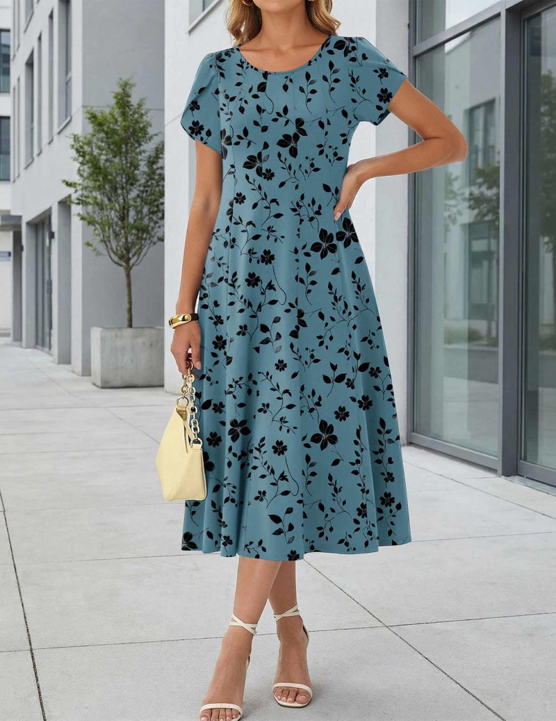 HOTOUCH Womens Short Sleeve Dresses Midi Summer Dress T Shirts Dresses Loose Fit Cotton Sundresses Boho Floral Dress, Blue Green Floral,M - Image 4