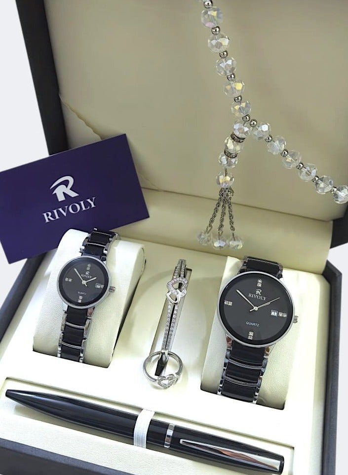 Rivoly A luxurious set consisting of a men's and women's watch made of high-quality stainless steel, along with a bracelet, prayer beads, pen, and ring. - Image 1