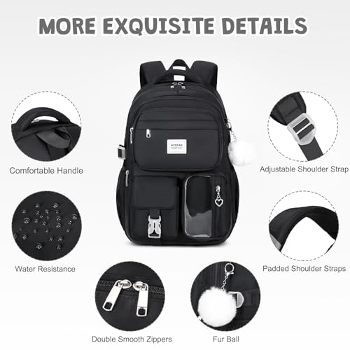 ACESAK Backpack for Girls - Girls Backpack with Lunch Bag & Pencil Pouch for Teen Kids Laptop Backpack for Women, Elementary Middle High School Bookbag Travel Daypack (Black) - Image 4