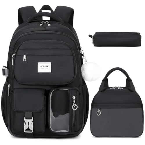 ACESAK Backpack for Girls - Girls Backpack with Lunch Bag & Pencil Pouch for Teen Kids Laptop Backpack for Women, Elementary Middle High School Bookbag Travel Daypack (Black) - Image 1