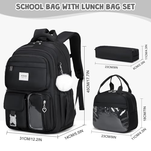 ACESAK Backpack for Girls - Girls Backpack with Lunch Bag & Pencil Pouch for Teen Kids Laptop Backpack for Women, Elementary Middle High School Bookbag Travel Daypack (Black) - Image 2