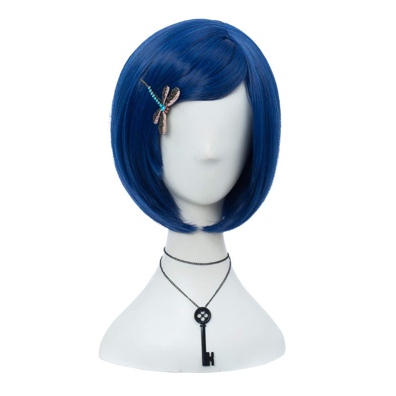 MORTICIA Short Straight Blue Women Bob Full Bang Kids Wig with Dragonfly Hairpin  Black Key Pendant Necklace Kids 2