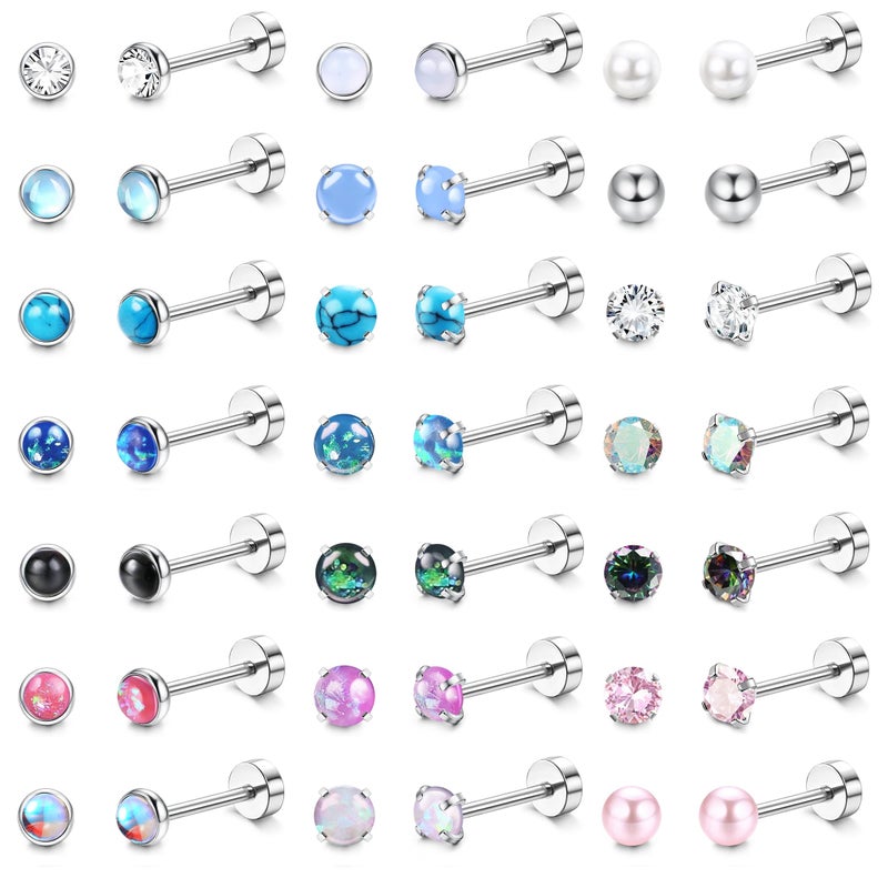Yadoca 21Pairs Hypoallergenic Surgical Steel Earrings - Flat Back Stud Earrings for Women Men - 20G Small Flatback Stud Earrings - Screw Back Cartilage Earring Sets for Multiple Piercing - Image 1