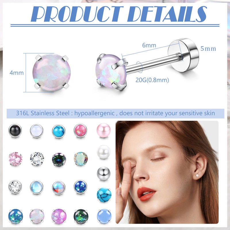 Yadoca 21Pairs Hypoallergenic Surgical Steel Earrings - Flat Back Stud Earrings for Women Men - 20G Small Flatback Stud Earrings - Screw Back Cartilage Earring Sets for Multiple Piercing - Image 2
