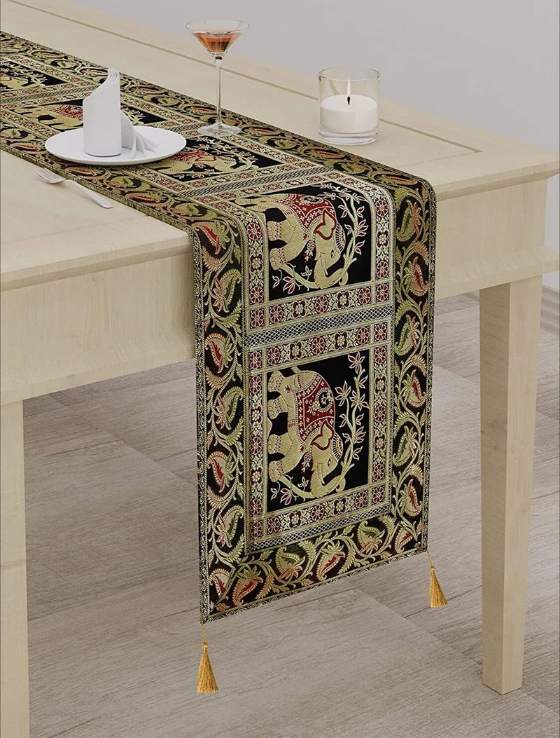 E - Ezra E EZRA Silk Table Runner Room Dcor Brocade Jacquard Long Runner Table Cloth 4 6 Seater Dinning Table 16 Inches X 60 Inches Black - Image 1