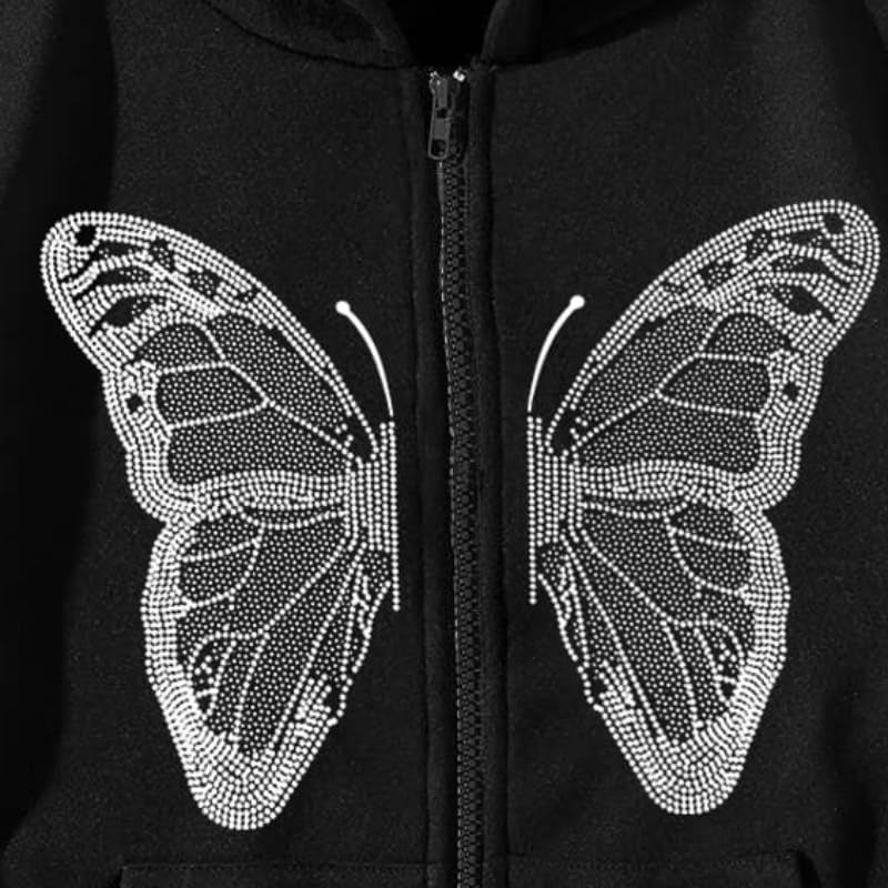 POHADON Women's Y2k Butterfly Zip Up Hoodie Oversized Graphic Print Sweatshirt Vintage Baggy Grunge Aesthetic Alt Emo Jackets (Black,S) - Image 2