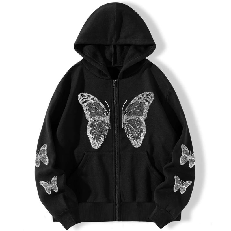 POHADON Women's Y2k Butterfly Zip Up Hoodie Oversized Graphic Print Sweatshirt Vintage Baggy Grunge Aesthetic Alt Emo Jackets (Black,S) - Image 1
