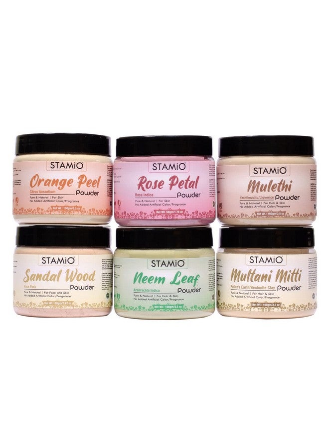 STAMIO Orange Peel, Sandalwood Face Pack, Multani Mitti, Mulethi, Neem And Rose Petals Powder Combo Mask, Diy | Suitable For All Skin Types Men & Women | In Jar - 530Gm (100Gm X 4 + 80Gm + 50Gm) - Image 1