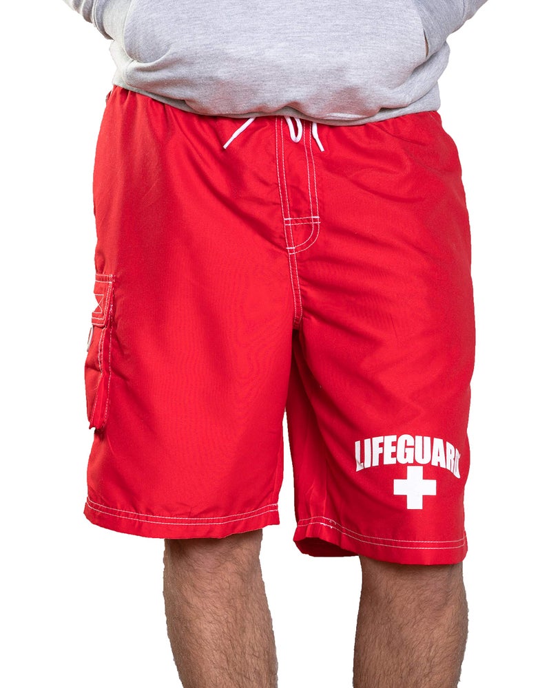 LIFEGUARD Officially Licensed Red Men's Board Shorts Swim Trunks with Pocket, Men and Boys, Great for Beach & Pool