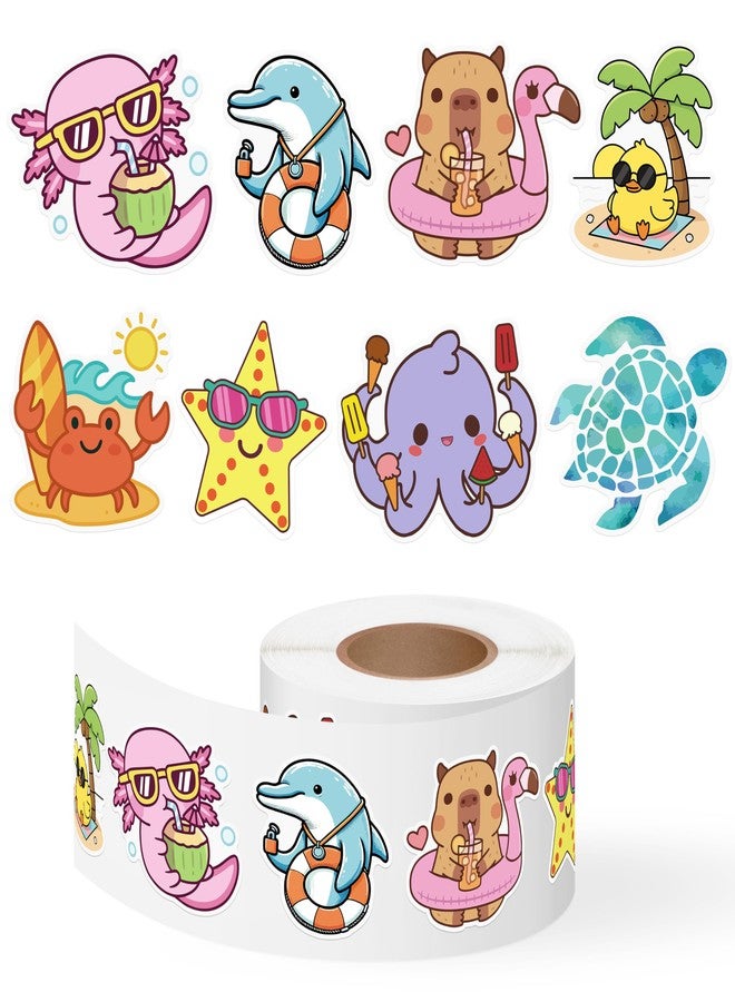 Kirako 500Pcs Summer Animal Stickers Roll Cute Cartoon Capybara Sea Trutle Self Adhesive Labels Teacher Rewards Scrapbooking Envelope Seals Hawaiian Tropical Holiday Party Favors DIY Crafts Gifts for Kids - Image 1