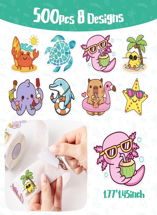 Kirako 500Pcs Summer Animal Stickers Roll Cute Cartoon Capybara Sea Trutle Self Adhesive Labels Teacher Rewards Scrapbooking Envelope Seals Hawaiian Tropical Holiday Party Favors DIY Crafts Gifts for Kids - Image 2
