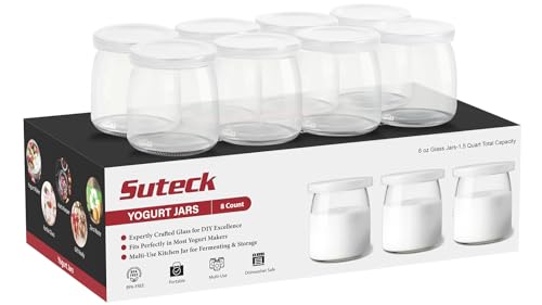 Suteck Yogurt Jars - 8 Count 6oz Small Glass Yogurt Cups With Lids, 100% BPA Free, Airtight & Dishwasher Safe! Perfect Containers for Yoghurt, Oatmeal, Pudding, or Jello - Image 1