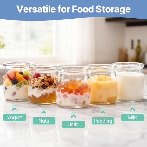 Suteck Yogurt Jars - 8 Count 6oz Small Glass Yogurt Cups With Lids, 100% BPA Free, Airtight & Dishwasher Safe! Perfect Containers for Yoghurt, Oatmeal, Pudding, or Jello - Image 2