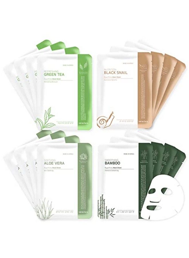 veraclara قناع الوجه الأساسي (عبوة مكونة من 16 قطعة) العناية بالبشرة الكورية | تفتيح البشرة وترطيبها وشدها | تقليل البقع الداكنة والهالات السوداء | الحلزون الأسود والخيزران والصبار والشاي الأخضر - Image 1