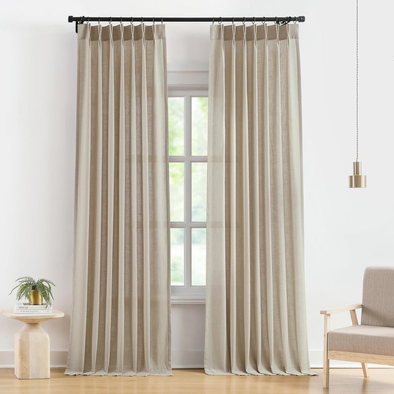 Vision Home Sand Pinch Pleated Semi Sheer Curtains Textured Linen Blended Light Filtering Window Curtains 102 inch for Living Room Bedroom Pinch Pleat Drapes with Hooks 2 Panels 40"Wx102"L,Camel Beige - Image 1