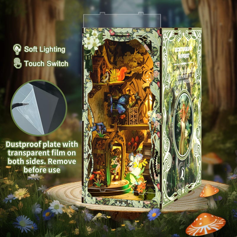 ISSEVE Book Nook Kit, DIY 3D Wooden Puzzle Dollhouse Booknook for Adults, Tiny Miniature House Kit Bookshelf Decor with LED Light and Dust Cover, Gifts for Family and Friends (Forest Secret World) - Image 3