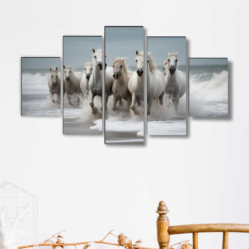 SAF Seven running horses Paintings for Living Room | Painting for Wall Decoration | 3D Wall Art for Bedroom | 7 Running horse Wall Painting Set of 5 (75 x 45 cms) SANFPNLS35499 - Image 1