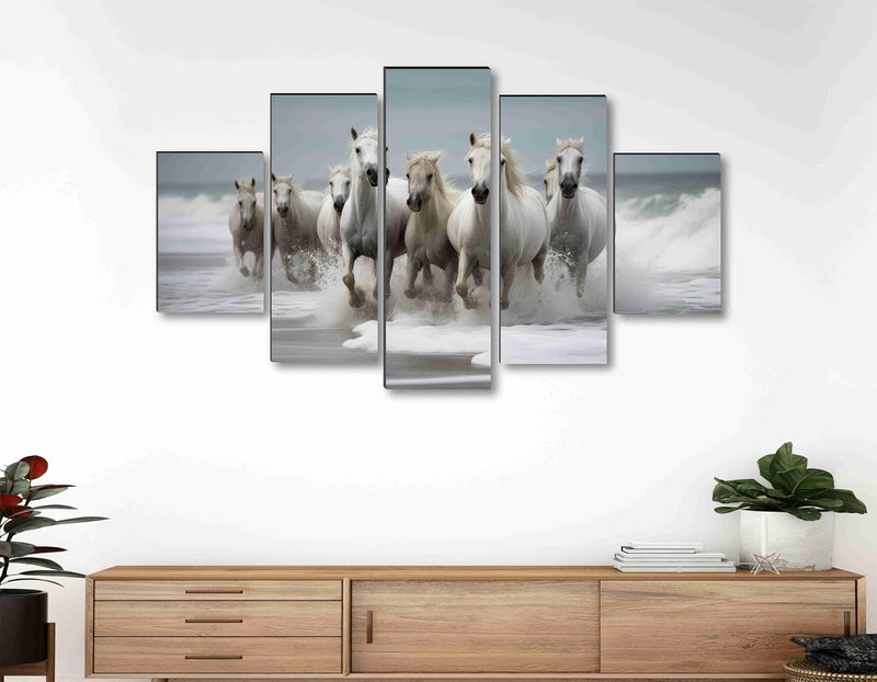 SAF Seven running horses Paintings for Living Room | Painting for Wall Decoration | 3D Wall Art for Bedroom | 7 Running horse Wall Painting Set of 5 (75 x 45 cms) SANFPNLS35499 - Image 4