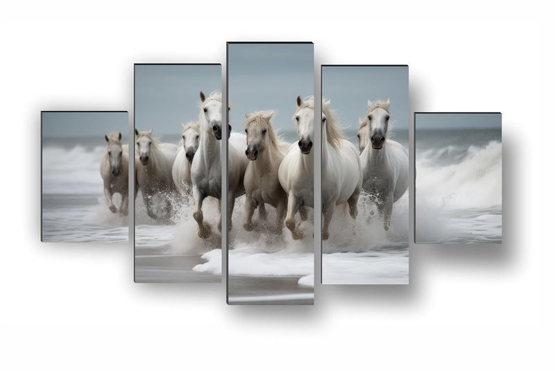SAF Seven running horses Paintings for Living Room | Painting for Wall Decoration | 3D Wall Art for Bedroom | 7 Running horse Wall Painting Set of 5 (75 x 45 cms) SANFPNLS35499 - Image 2