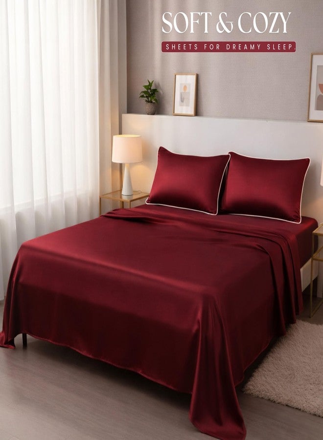 VAS COLLECTIONS Satin Bedsheet King Size (108 x 108 Inches) | 300 TC Ultra Soft Silky Smooth Satin Bed Sheet with 2 Pillow Covers | Luxury Satin Bedsheets for Double Bed (Rose Red) - Image 5