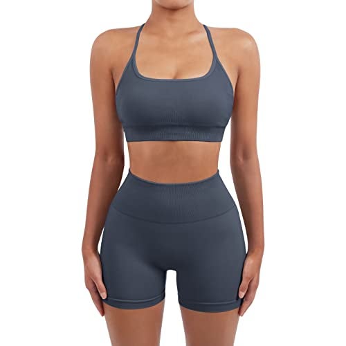 SUUKSESS Women Seamless 2 piece Workout Sets Strappy Padded Sports Bra Booty High Waisted Shorts Outfits (Blue,S) - Image 5