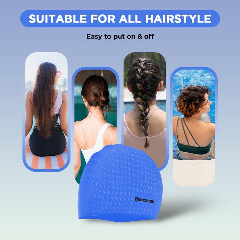 Endless EL1021 Comfortable Silicon Swimming Cap with Bubble Design | Blue | Material : Silicon | Elastic Waterproof Swimming Cap for Long and Short Hair with Thicker Edge | For Adults, Women and Men - Image 3