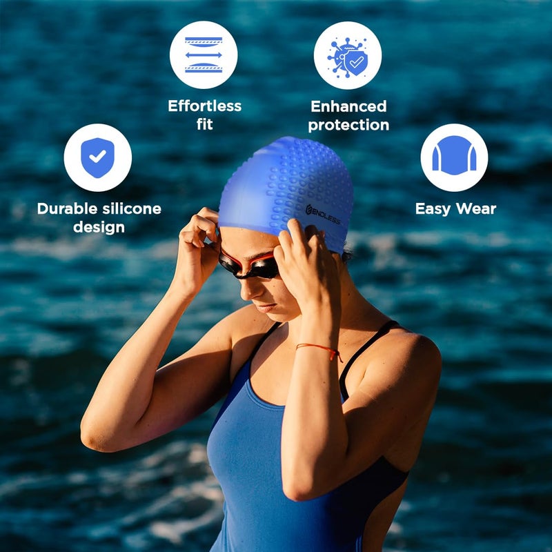 Endless EL1021 Comfortable Silicon Swimming Cap with Bubble Design | Blue | Material : Silicon | Elastic Waterproof Swimming Cap for Long and Short Hair with Thicker Edge | For Adults, Women and Men - Image 2