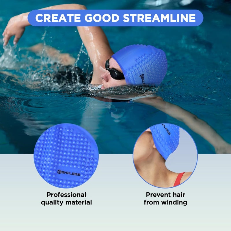 Endless EL1021 Comfortable Silicon Swimming Cap with Bubble Design | Blue | Material : Silicon | Elastic Waterproof Swimming Cap for Long and Short Hair with Thicker Edge | For Adults, Women and Men - Image 5