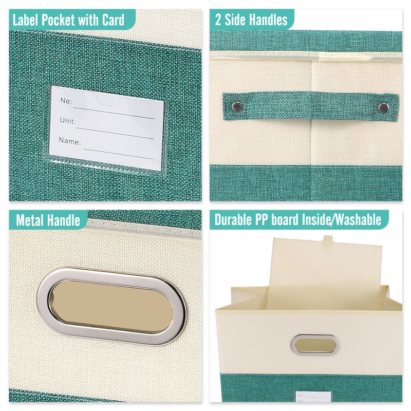 Valease Large Linen Fabric Foldable Storage Bins with Removable Lid and Handles, Washable Storage Box Organizer Containers Baskets Cube with Cover for Bedroom,Closet,Office (Turquoise&Cream, Medium) - Image 2