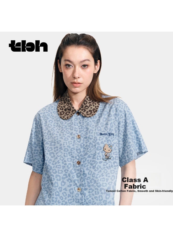 Tbh Sanrio o Kitty Tencel Cotton Loungewear Set, Wearable Outside As Pajamas, Long Style, Denim Leopard Pattern, Xs - Image 2